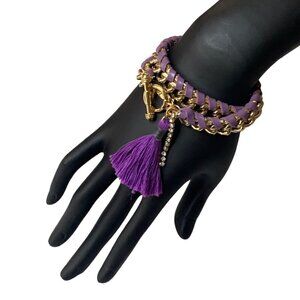 Ettika Double Wrap Toggle Clasp Bracelet Braided Gold Chain Purple Leather Boho